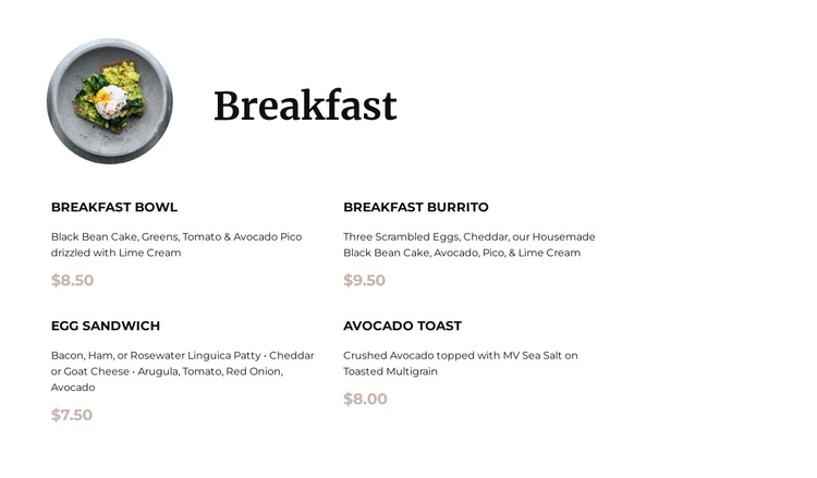 Breakfast menu One Page Template