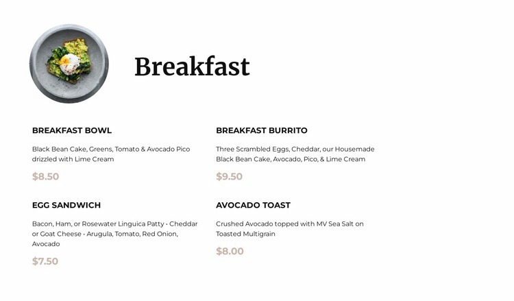 Frukostmeny Html webbplatsbyggare