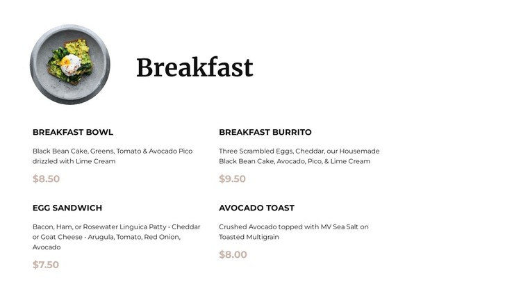 Breakfast menu Web Design