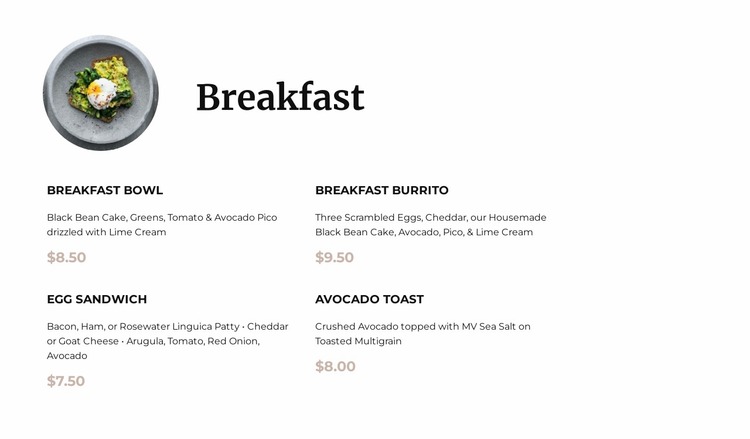Breakfast menu Website Mockup