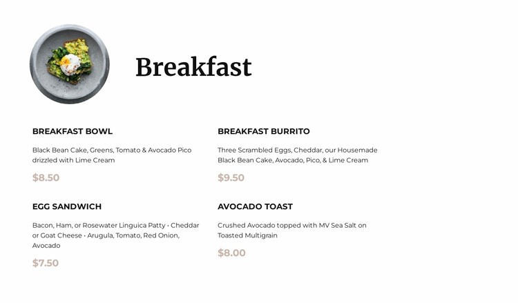 Breakfast menu WordPress Website Builder