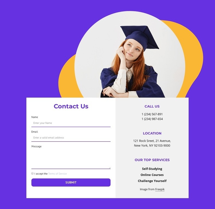 Contacts with shape and image Elementor Template Alternative