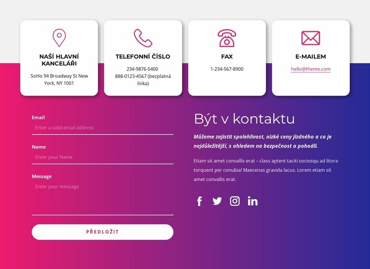 Kontaktujte nás blok se sociálními ikonami Téma WordPress