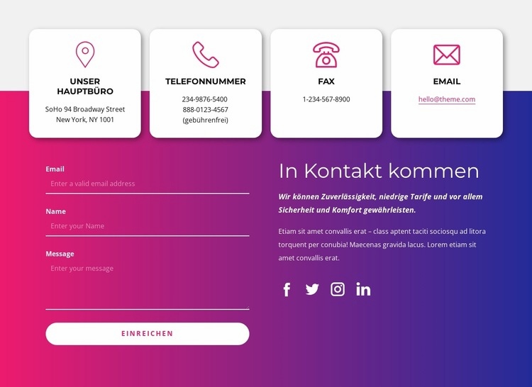 Kontaktieren Sie uns Block mit sozialen Symbolen Eine Seitenvorlage