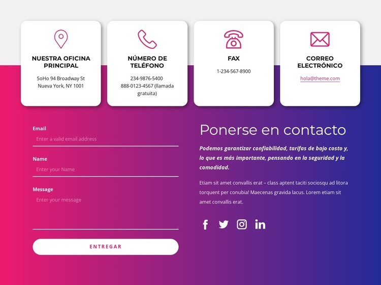 Contáctenos bloque con iconos sociales Maqueta de sitio web