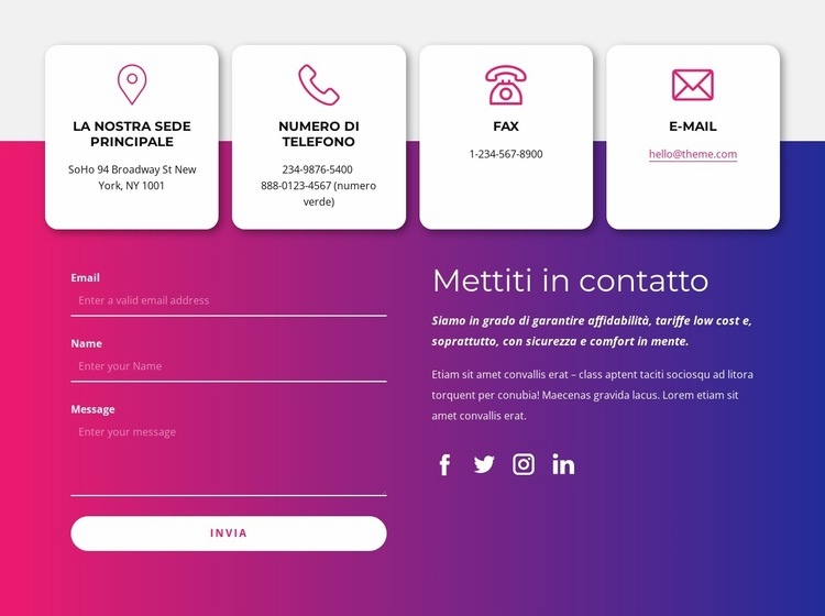 Contattaci blocco con icone social Progettazione di siti web