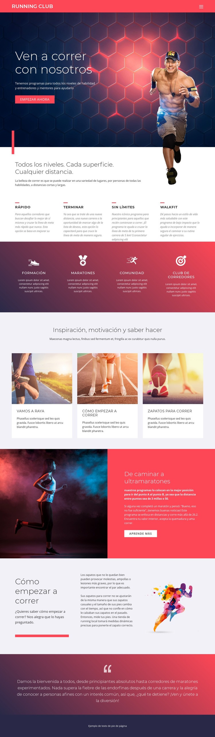 Correr y deportes Maqueta de sitio web