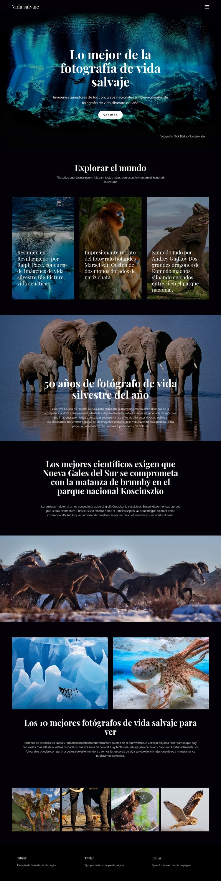 Vida salvaje y naturaleza Página de destino