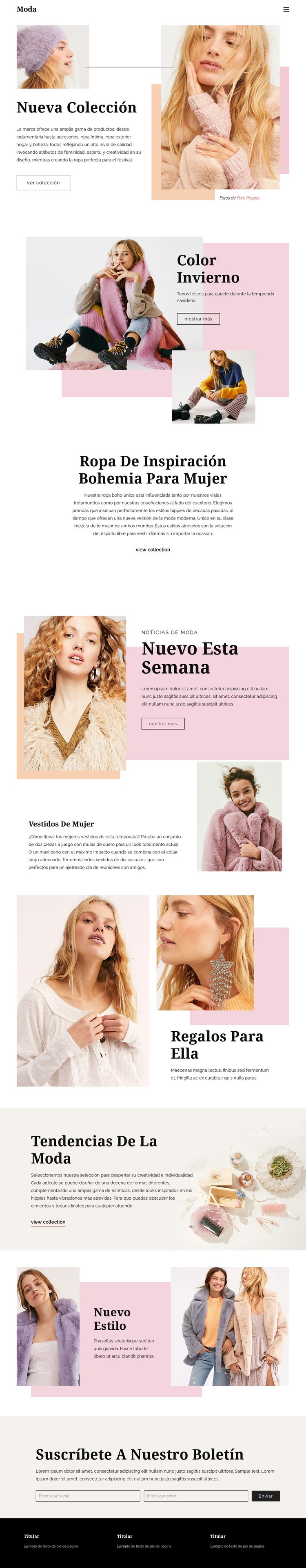 Diseño de página de moda Maqueta de sitio web