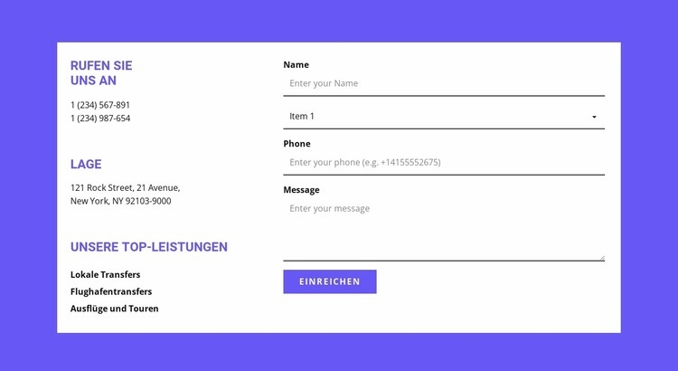 Adresse für Schnellverbindung Landing Page