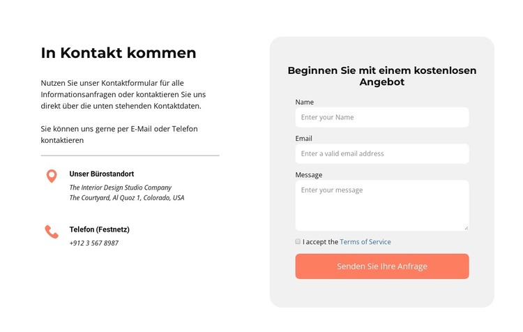 Kontaktieren Sie uns Block mit Symbolen HTML-Vorlage