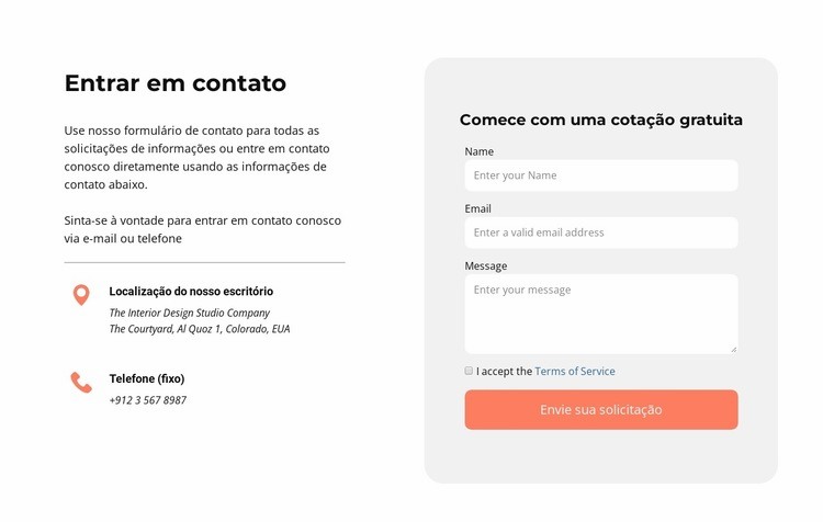 Contacte-nos bloco com ícones Modelo de uma página