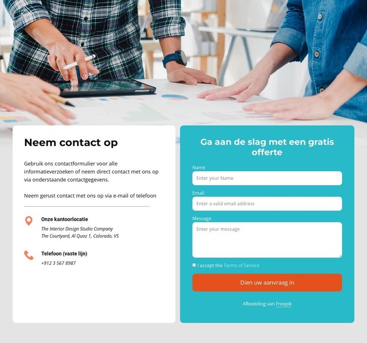 Neem contact op blok met afbeelding Website Builder-sjablonen