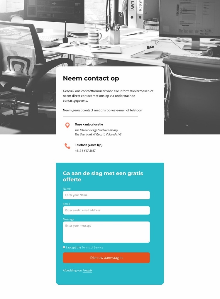 Contacteer ons blok met formulier Website mockup