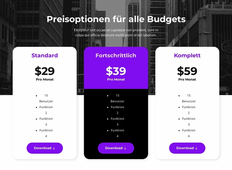 Preisoptionen für alle Budgets Joomla Vorlage