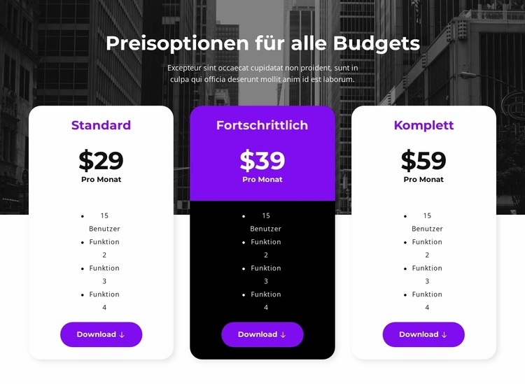 Preisoptionen für alle Budgets Landing Page