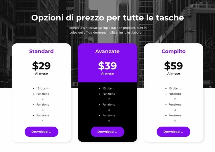 Opzioni di prezzo per tutte le tasche Modelli di Website Builder