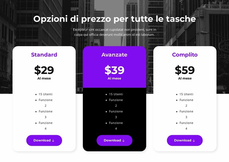 Opzioni di prezzo per tutte le tasche Modello Joomla