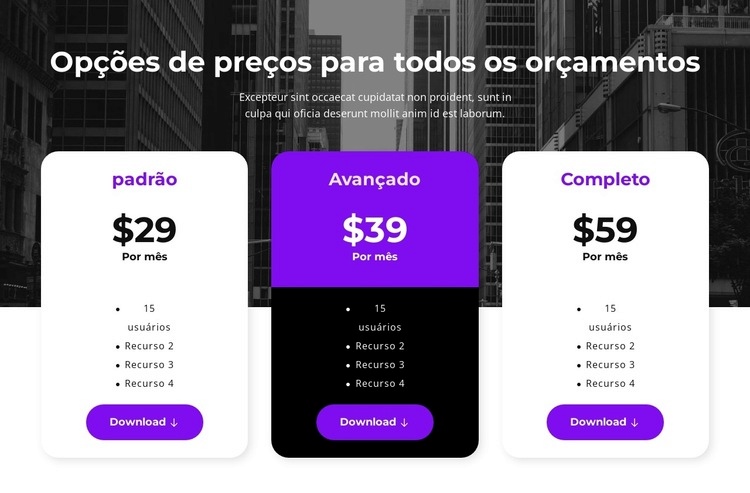 Opções de preços para todos os orçamentos Construtor de sites HTML