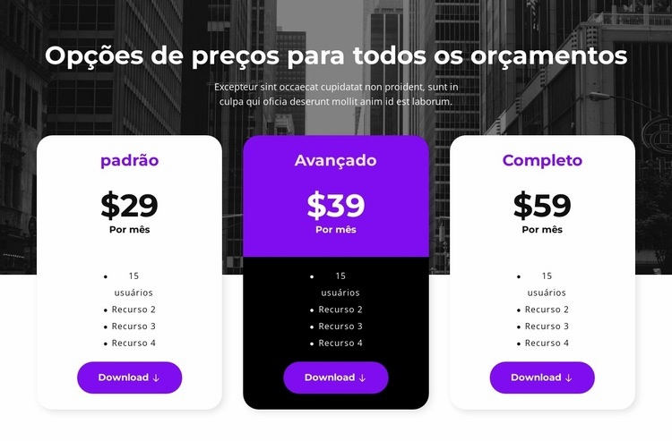 Opções de preços para todos os orçamentos Modelo