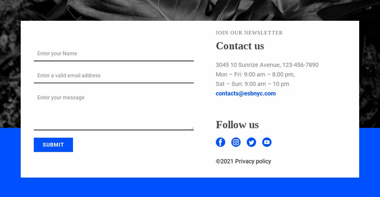 Contact with us and follow us Html Website Builder
