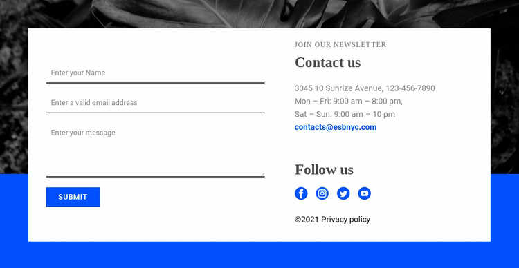 Contact with us and follow us Landing Page