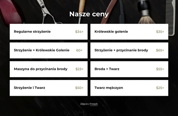 Cennik fryzjerski Makieta strony internetowej