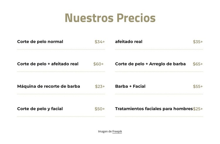 Precios de corte y afeitado Maqueta de sitio web