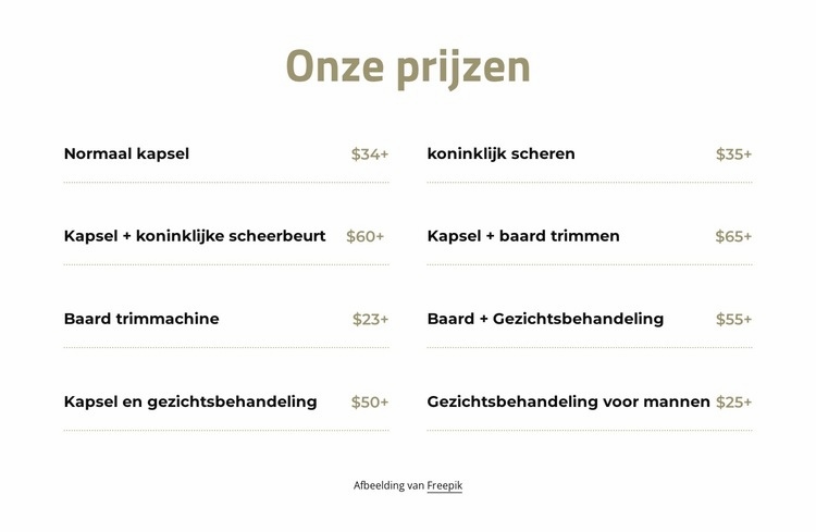 Prijzen knippen en scheren Website mockup