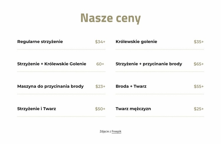 Cennik cięcia i golenia Makieta strony internetowej