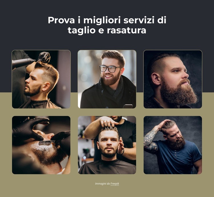 Tagli di capelli, rasature con asciugamano caldo, rifinitura della barba Modelli di Website Builder