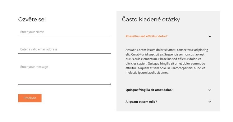 Kontaktní formulář a často kladené dotazy Šablona CSS