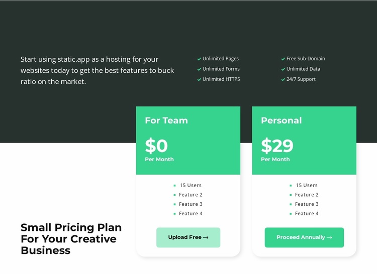 Tariff selection Landing Page