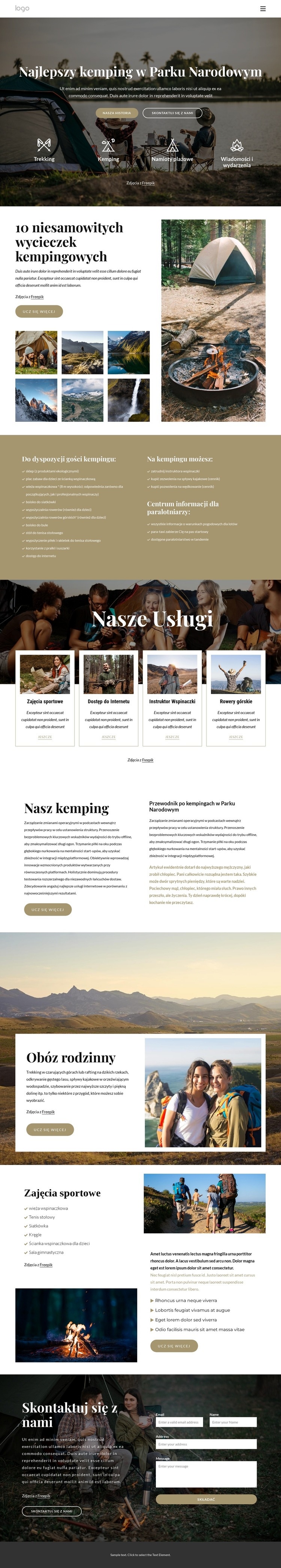Kemping w Parku Narodowym Makieta strony internetowej