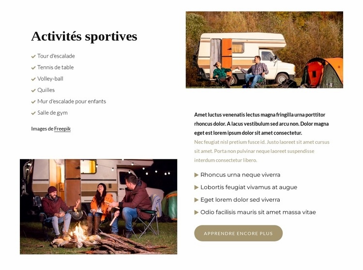 Activités sportives au camp Maquette de site Web