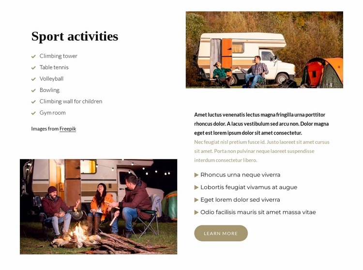 Sportolási lehetőségek a táborban Html Weboldal készítő