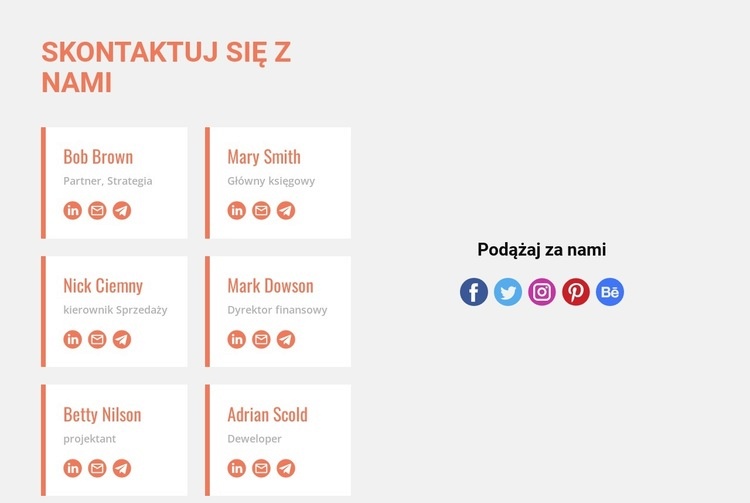 Skontaktuj się z nami i śledź nas Kreator witryn internetowych HTML