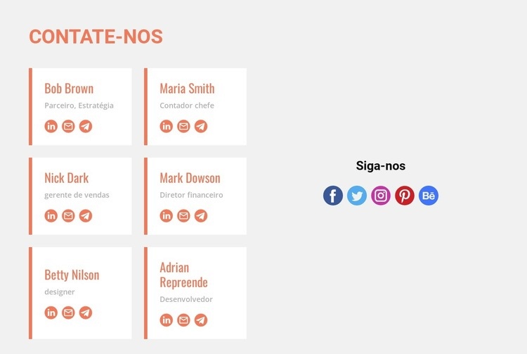 Contacte-nos e siga-nos Construtor de sites HTML