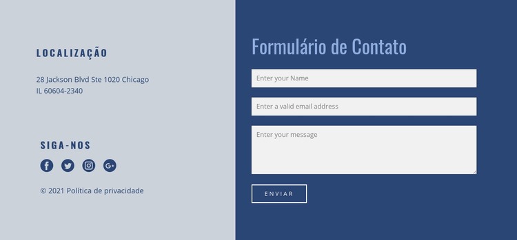 Bloco de contato com formulário Design do site