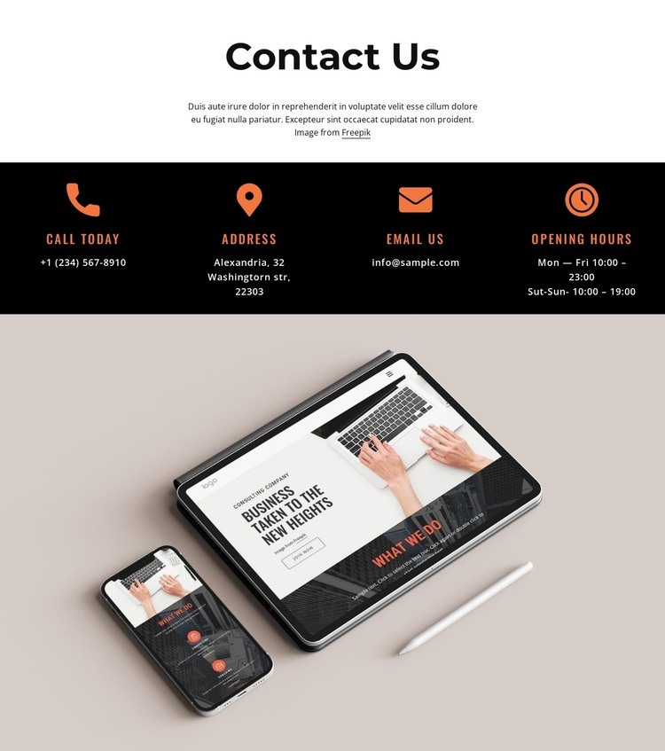 Contact us block with icons and image Elementor Template Alternative