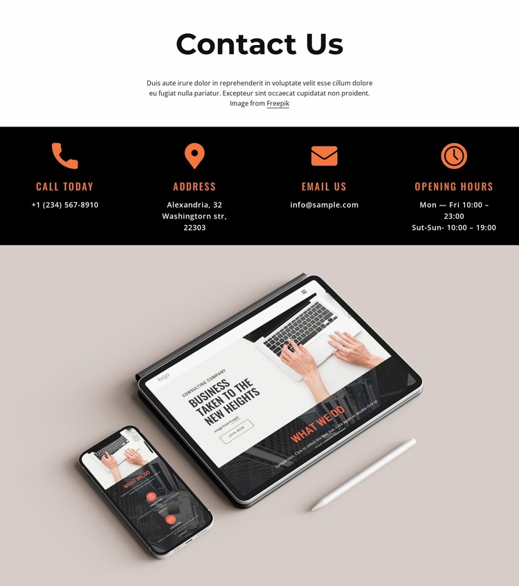 Contact us block with icons and image Html Website Builder
