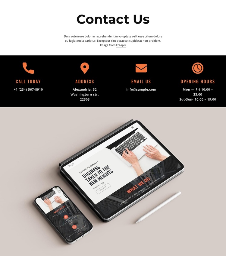 Contact us block with icons and image One Page Template