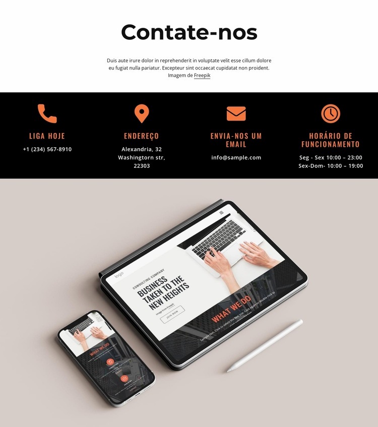 Contacte-nos bloco com ícones e imagem Modelos de construtor de sites