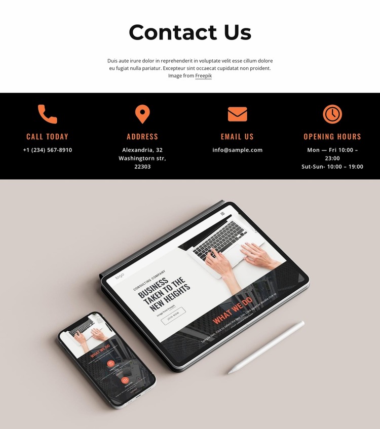 Contact us block with icons and image WordPress Website Builder