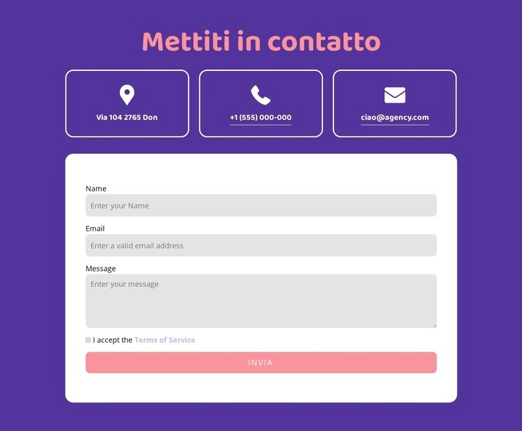 Mettiti in contatto blocco con icone Mockup del sito web