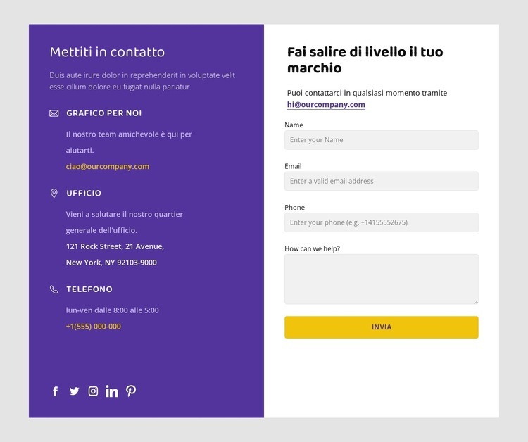 Contatti e icone social Modello HTML5