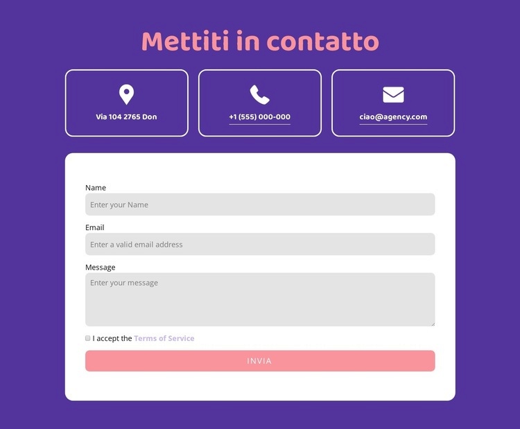 Mettiti in contatto blocco con icone Un modello di pagina