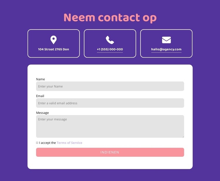 Neem contact op blok met pictogrammen Bestemmingspagina