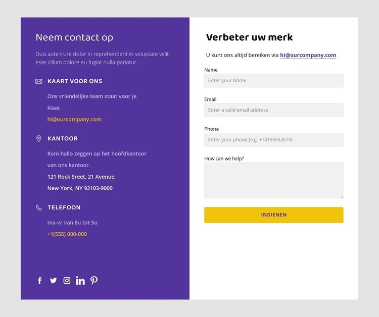 Contacten en sociale pictogrammen Website ontwerp