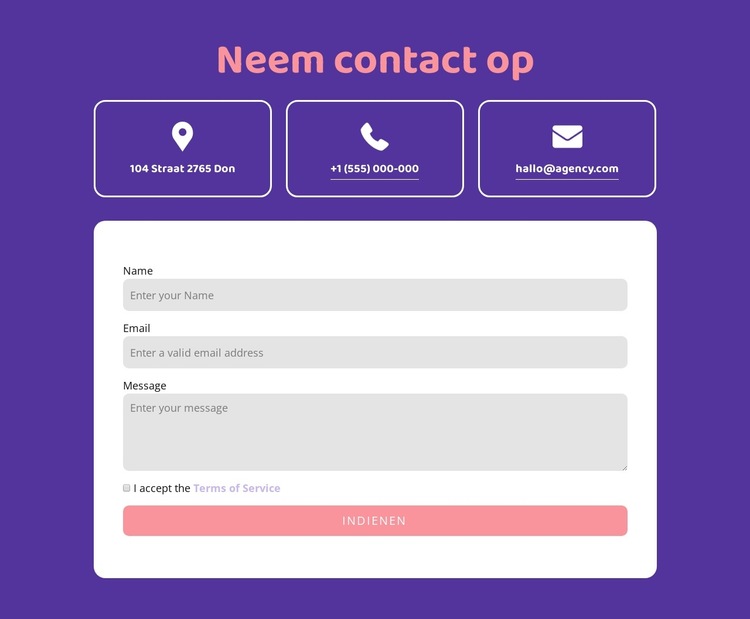 Neem contact op blok met pictogrammen Website sjabloon